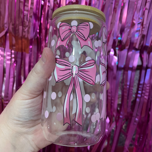 16oz Pink Bow Glass Tumbler and decorated lid