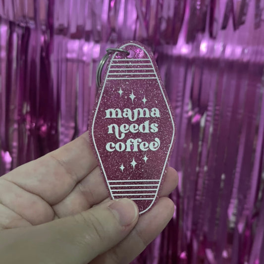 Mama Needs Coffee Pink Glitter Keyring