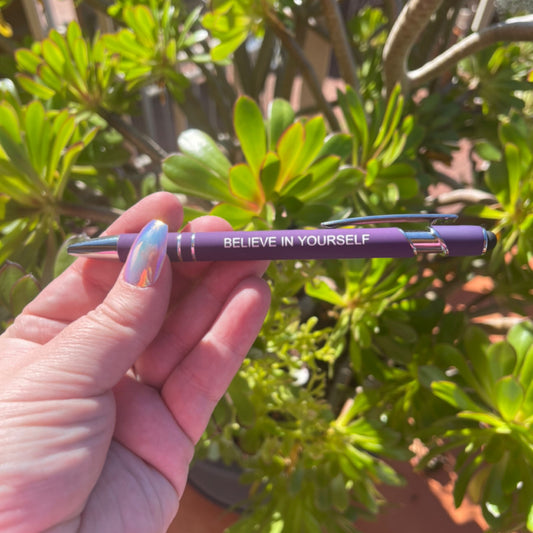 Grape Motivational Pen & Stylus (Black Ink) "Believe in Yourself"