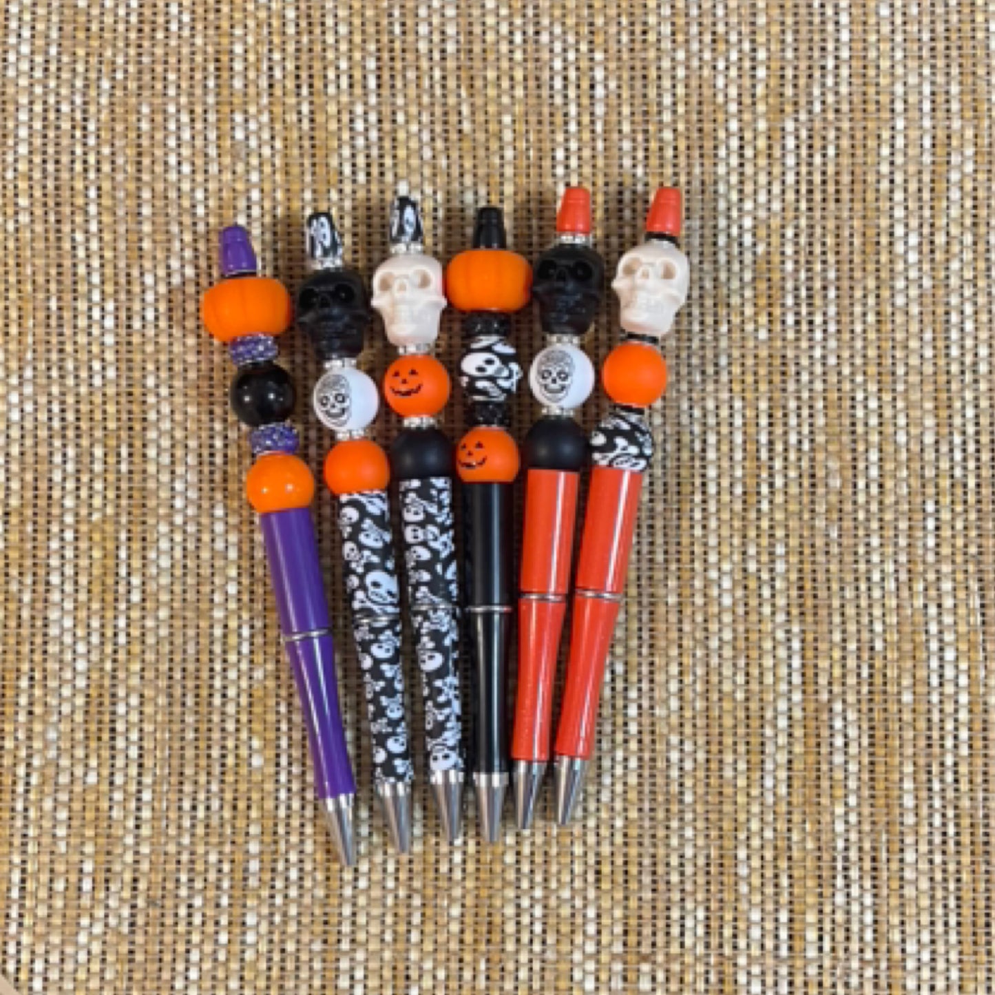 Beaded Pen - Orange (White Skull focal)