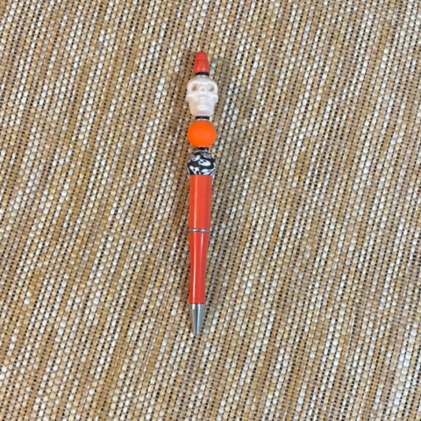 Beaded Pen - Orange (White Skull focal)