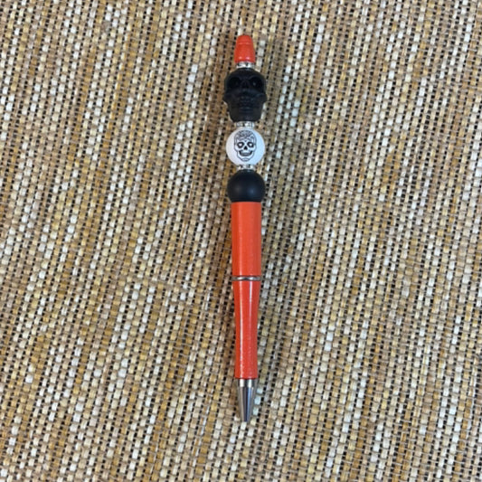 Beaded Pen - Orange (Black Skull focal)